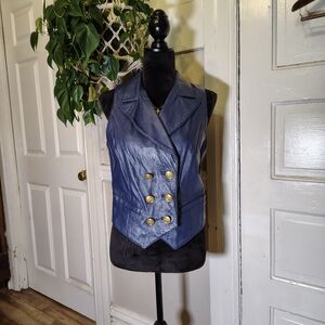 VTG Navy Blue Edgy Office Corp Genuine Leather Vest W Gold Nautical Buttons